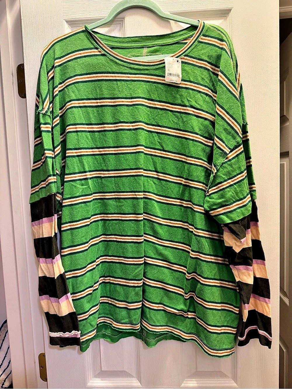 Free People We The Free Two's A Charm Stripe Long Sleeve Top Green & Black XL